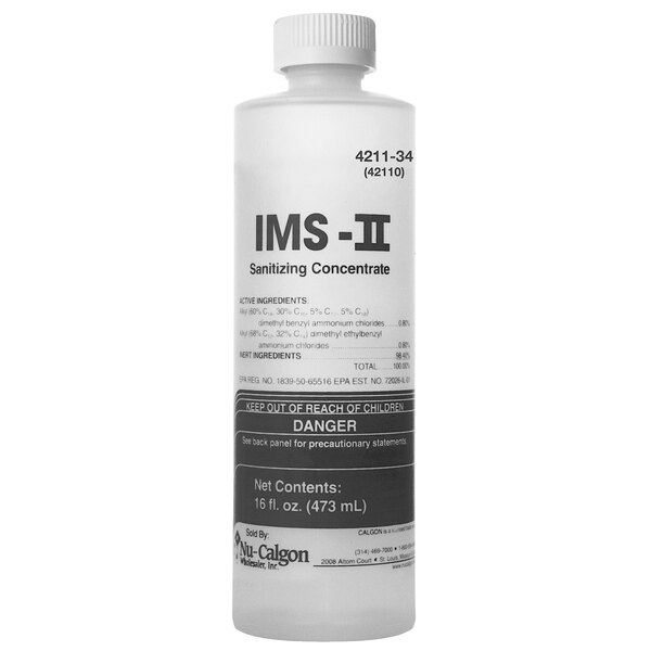A close-up of a bottle of Follett IMS-II liquid ice machine sanitizer concentrate.