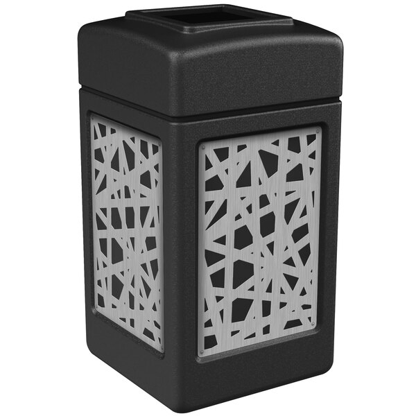 A black rectangle trash receptacle with stainless steel intermingle panels.