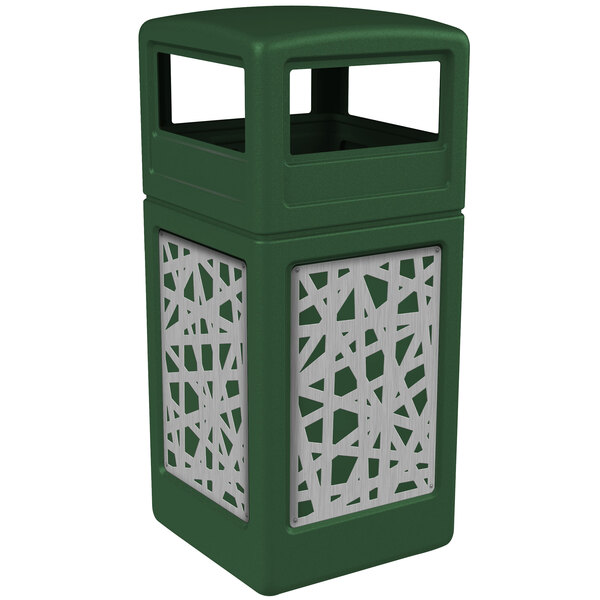 A green Commercial Zone square trash receptacle with stainless steel intermingle panels and a dome lid.