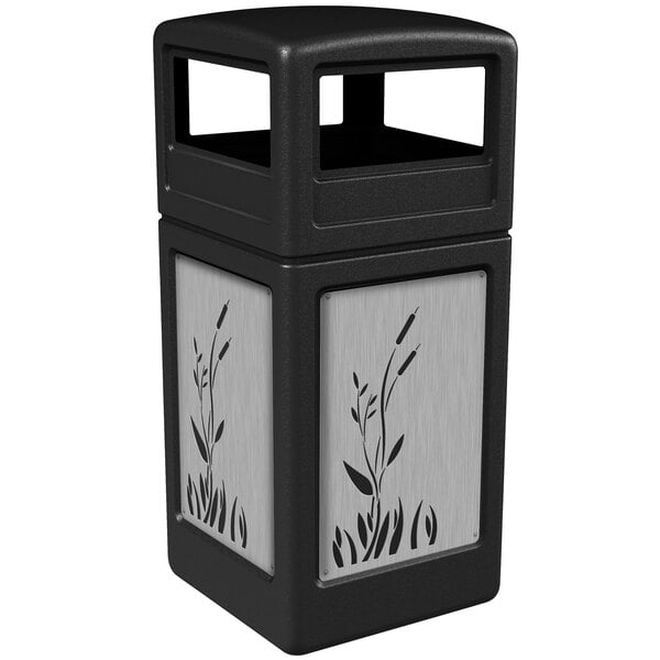 A black Commercial Zone trash receptacle with stainless steel cattail panels and dome lid.