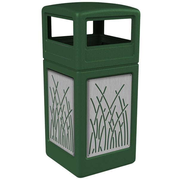 A green Commercial Zone trash receptacle with stainless steel reed panels and dome lid.