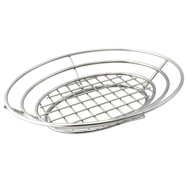 A Clipper Mill stainless steel oval basket with a raised grid base.