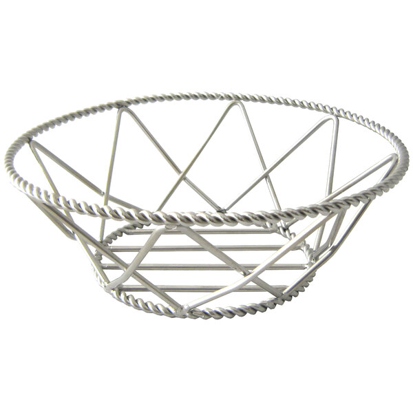A Clipper Mill stainless steel wire basket with braided edges.