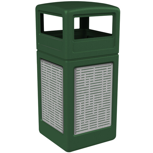A green rectangular Commercial Zone trash receptacle with white horizontal line panels and a dome lid.