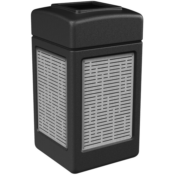 A black rectangular trash receptacle with stainless steel horizontal line panels.