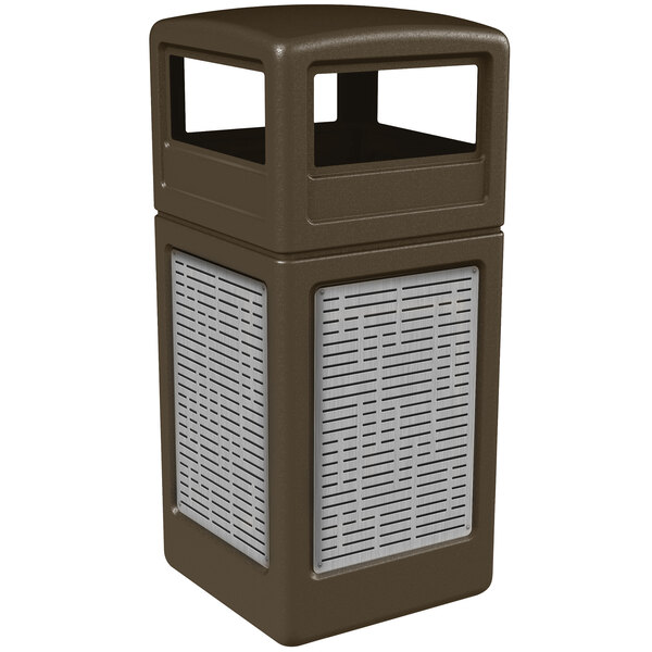 A brown rectangular trash receptacle with stainless steel horizontal line panels and a dome lid.