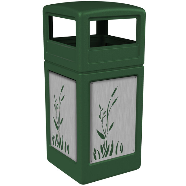 A green Commercial Zone square trash receptacle with stainless steel cattail panels.