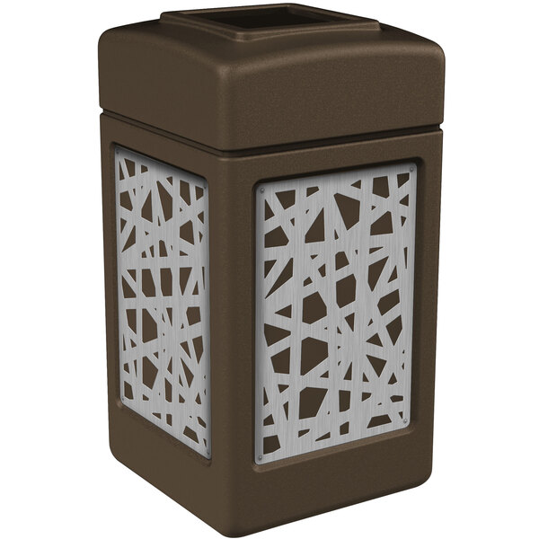 A brown rectangular Commercial Zone trash receptacle with white intermingle panels.