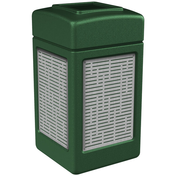 A green rectangular Commercial Zone trash receptacle with white and silver horizontal line panels.