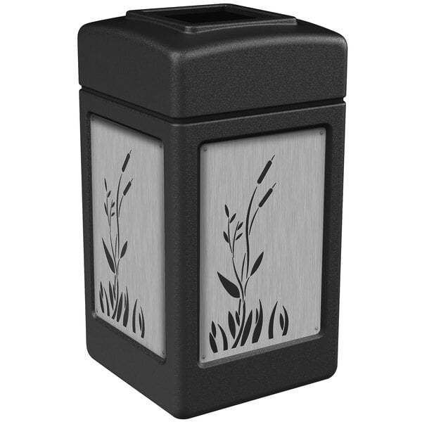 A black rectangular Commercial Zone trash receptacle with stainless steel cattail panels.