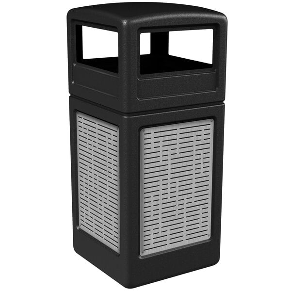 A black Commercial Zone square trash receptacle with stainless steel horizontal line panels and dome lid.