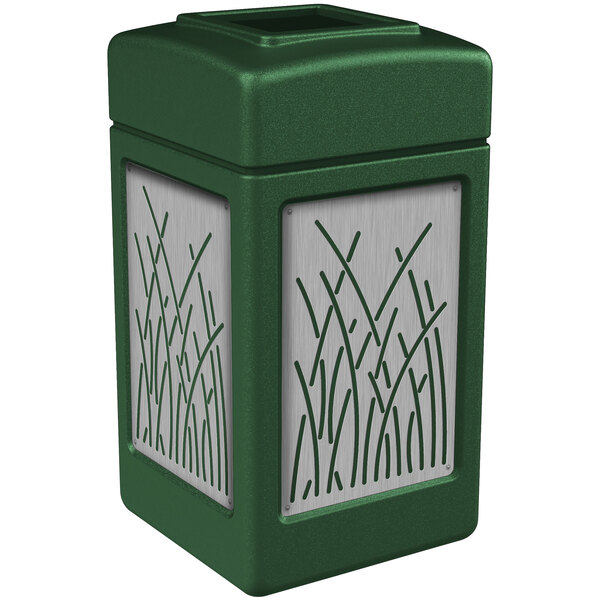 A green rectangular trash receptacle with stainless steel reed panels on the sides.