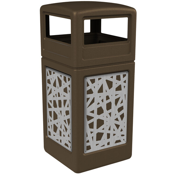 A brown Commercial Zone square trash receptacle with stainless steel intermingle panels and dome lid.