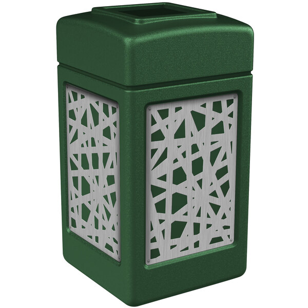 A green rectangular trash receptacle with stainless steel intermingle panels.