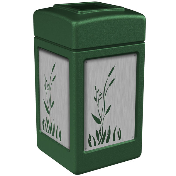 A green rectangular Commercial Zone trash receptacle with stainless steel cattail designs on it.