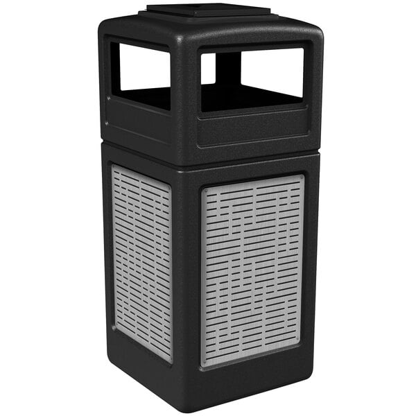 A black Commercial Zone square trash receptacle with stainless steel horizontal line panels and an ashtray lid.