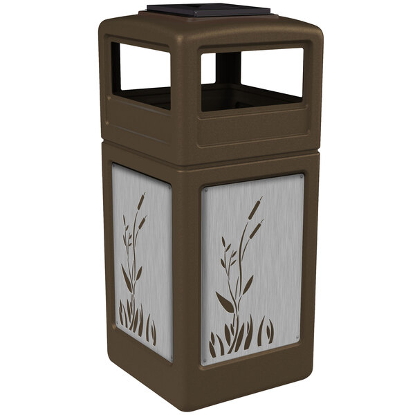 A brown Commercial Zone square trash receptacle with stainless steel cattail panels.