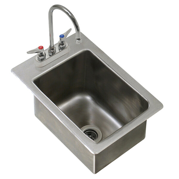 An Eagle Group stainless steel drop-in hand sink with a deck mount gooseneck faucet.