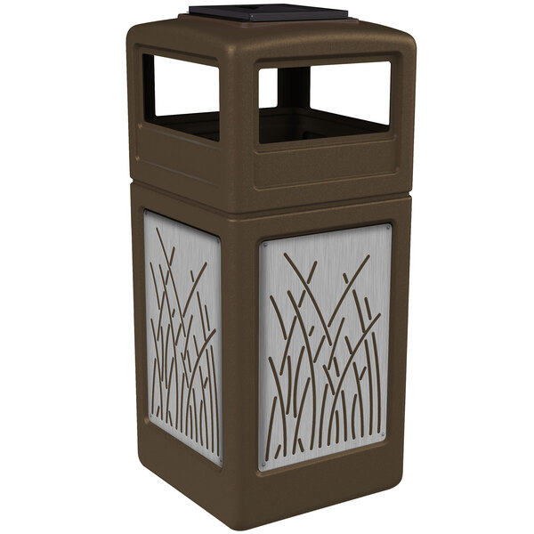 A brown Commercial Zone square trash receptacle with stainless steel reed panels and ashtray lid.