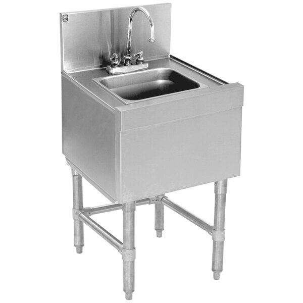 A stainless steel Eagle Group underbar wet waste sink with a deck mount faucet.