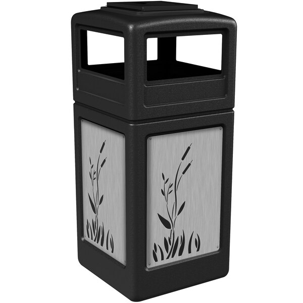 A black Commercial Zone trash receptacle with stainless steel cattail panels.