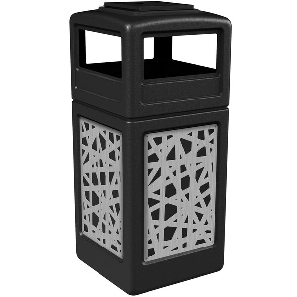 A black Commercial Zone square trash receptacle with stainless steel intermingle panels.