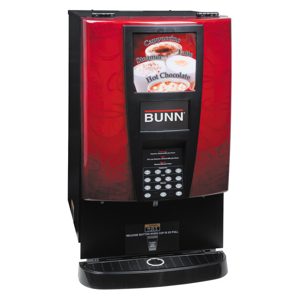 A Bunn hot beverage dispenser with a red cover over 6 hoppers.