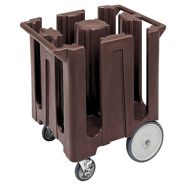 A dark brown plastic Cambro dish caddy on wheels.