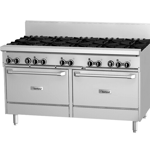 A large stainless steel Garland commercial gas range with four burners, a griddle, and two ovens.