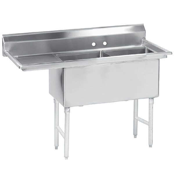 An Advance Tabco stainless steel two compartment sink with a left drainboard.