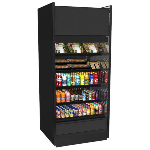 A black shelf with food and drinks on it inside a Structural Concepts Oasis air curtain merchandiser.