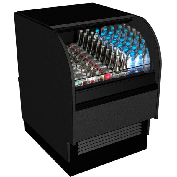 A black Structural Concepts Oasis air curtain merchandiser with bottles and cans on the shelves.