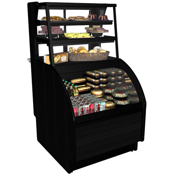 A black Structural Concepts Oasis horizontal air curtain display case on a counter with food and drinks.