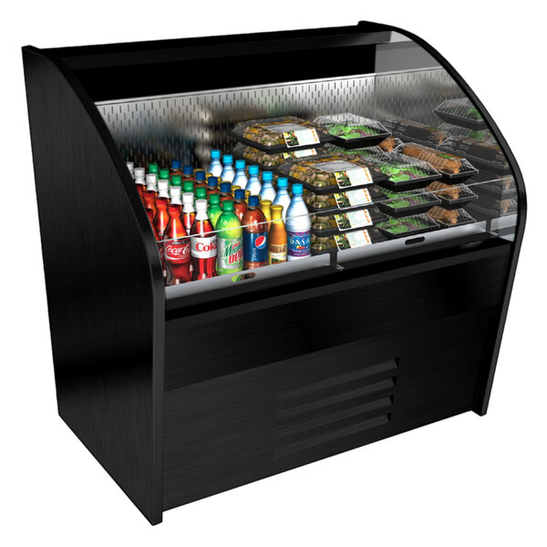A black Structural Concepts Oasis horizontal air curtain merchandiser on a counter with food items in it.