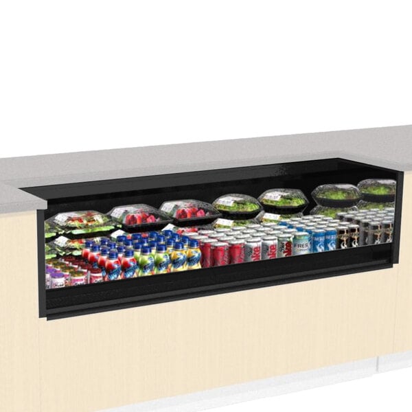 A black Structural Concepts Oasis undercounter display case with a variety of drinks and cans in it.