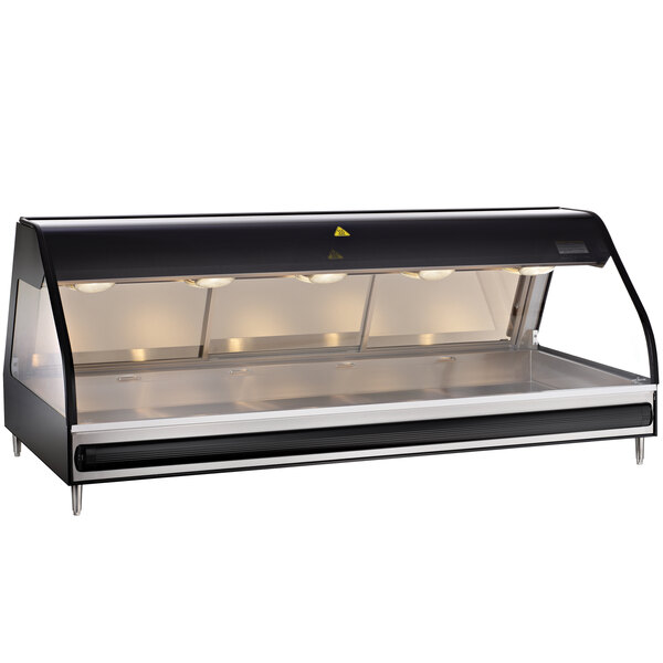 A black Alto-Shaam heated display case with curved glass on a counter with three shelves and lights.