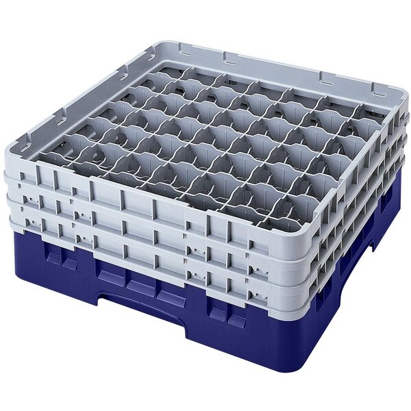 A navy blue plastic Cambro glass rack with 49 compartments and an extender.