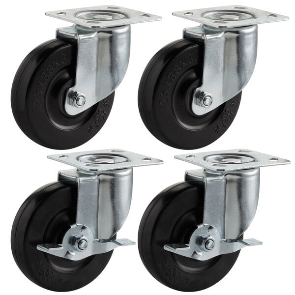 A set of 4 black rubber casters with silver hardware.