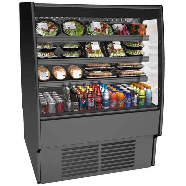 A black Structural Concepts dual sided air curtain merchandiser on a counter with food and drinks inside.