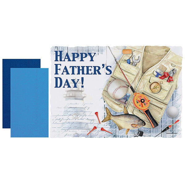 A white Father's Day placemat with a card featuring a fishing vest and fishing gear.
