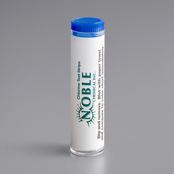A white tube of Noble Chemical chlorine test strips with a blue lid.