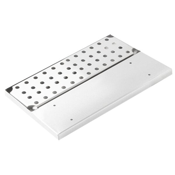 A white rectangular metal tray with holes in it.