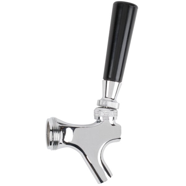 A chrome Avantco beer faucet with a black handle.