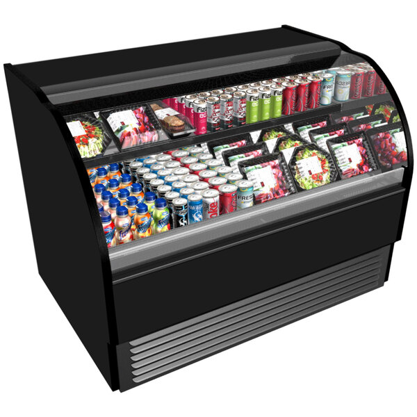 A black Structural Concepts Harmony low profile air curtain merchandiser filled with drinks and beverages on a counter.