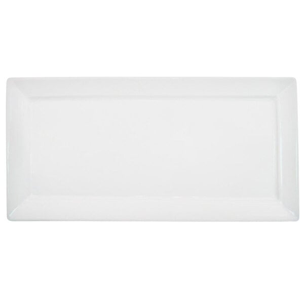 A white rectangular porcelain platter with a small black rim.