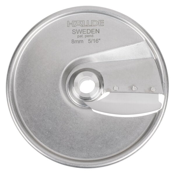 A Hobart 5/16" stainless steel circular metal slicing plate with a blade.