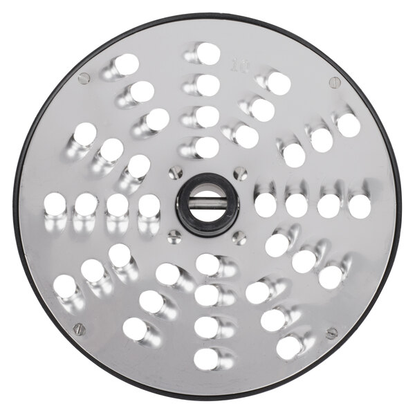 A circular metal Hobart grater / shredder plate with holes in it.