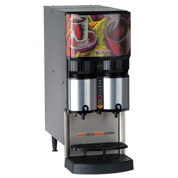 A Bunn liquid coffee dispenser with a Scholle connector and a picture of coffee cups.