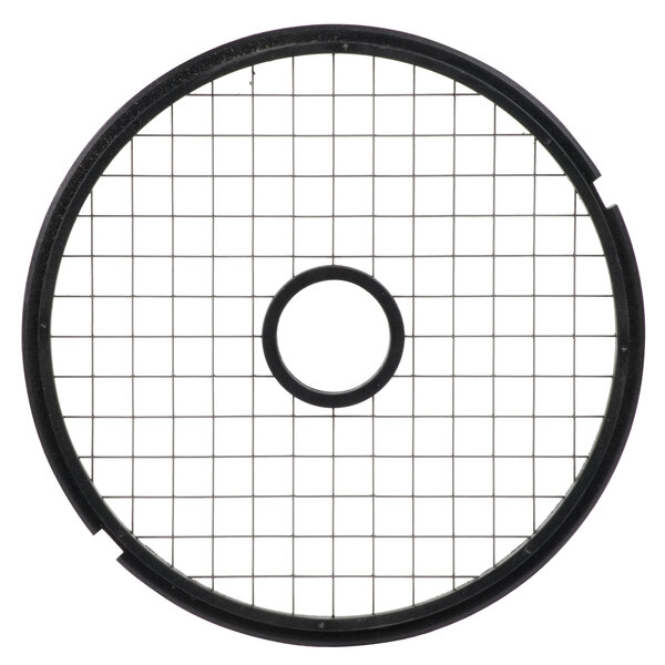A black wire grid with holes in a white circle.