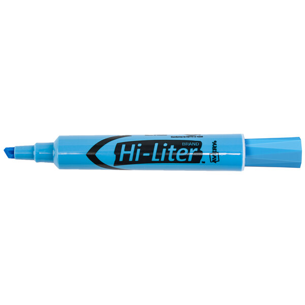 An Avery Light Blue Hi-Liter with black writing on it.